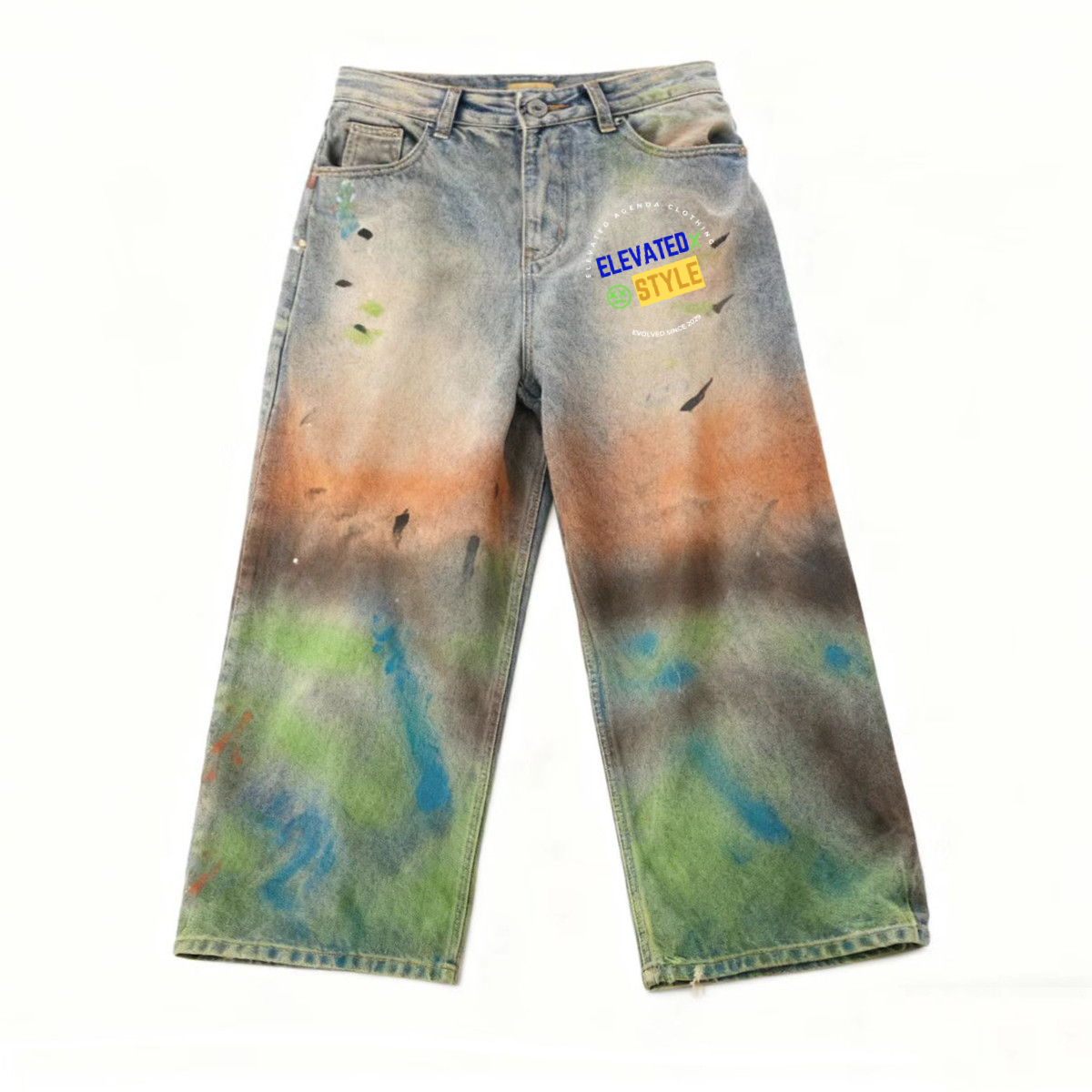 Unisex Vintage Washed Distressed Paint-Splatter Denim Jeans