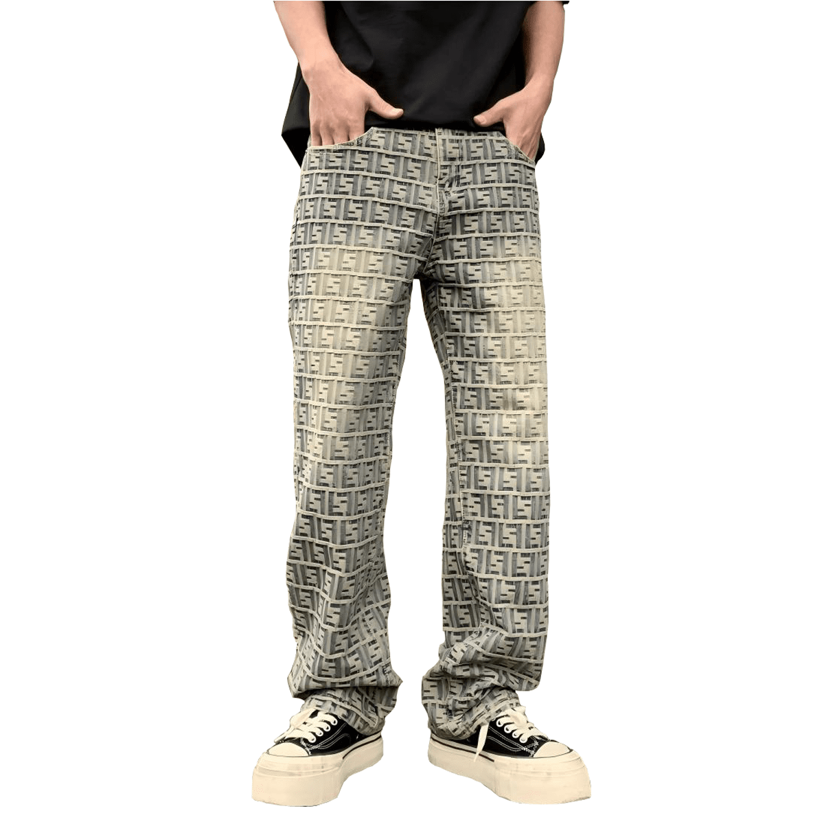 THE MOMENTUM Jacquard Jeans - Elevated Agenda THE MOMENTUM Jacquard JeansUnisex Jacquard All-over Letter Jeans Vintage Blue S