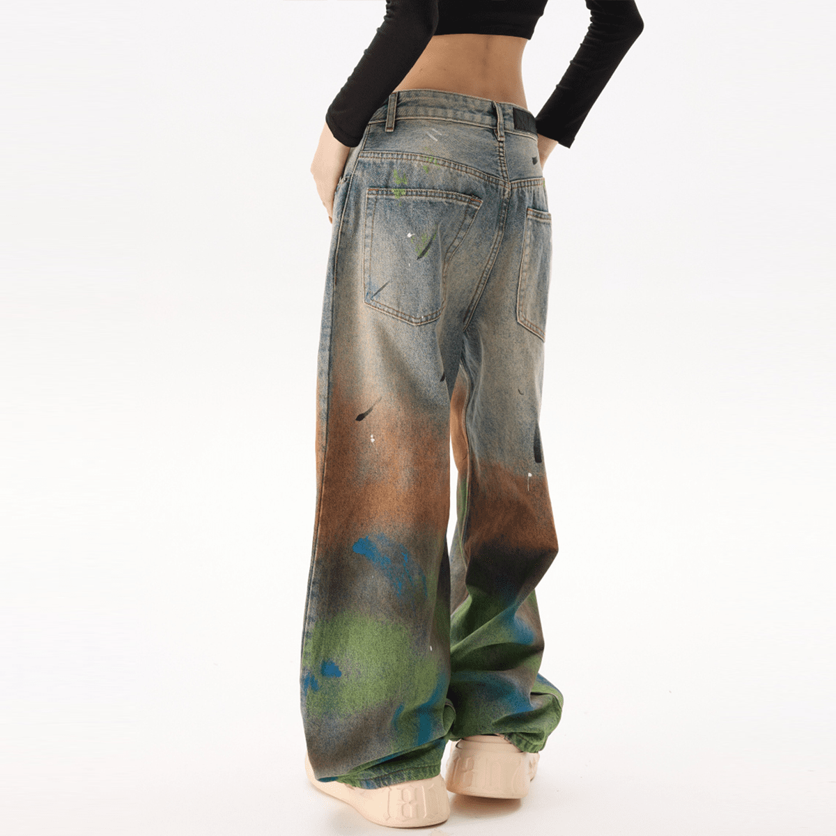 Unisex Vintage Washed Distressed Paint-Splatter Denim Jeans