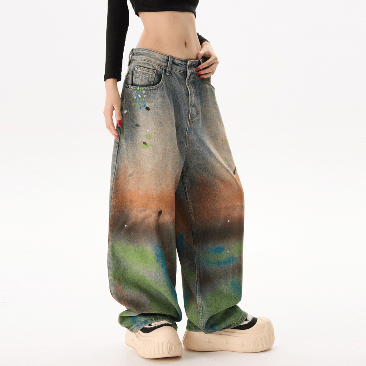 THE BLOOM JEANS - Elevated Agenda THE BLOOM JEANSUnisex Vintage Washed Distressed Paint-Splatter Denim Jeans Red Tie-dye S