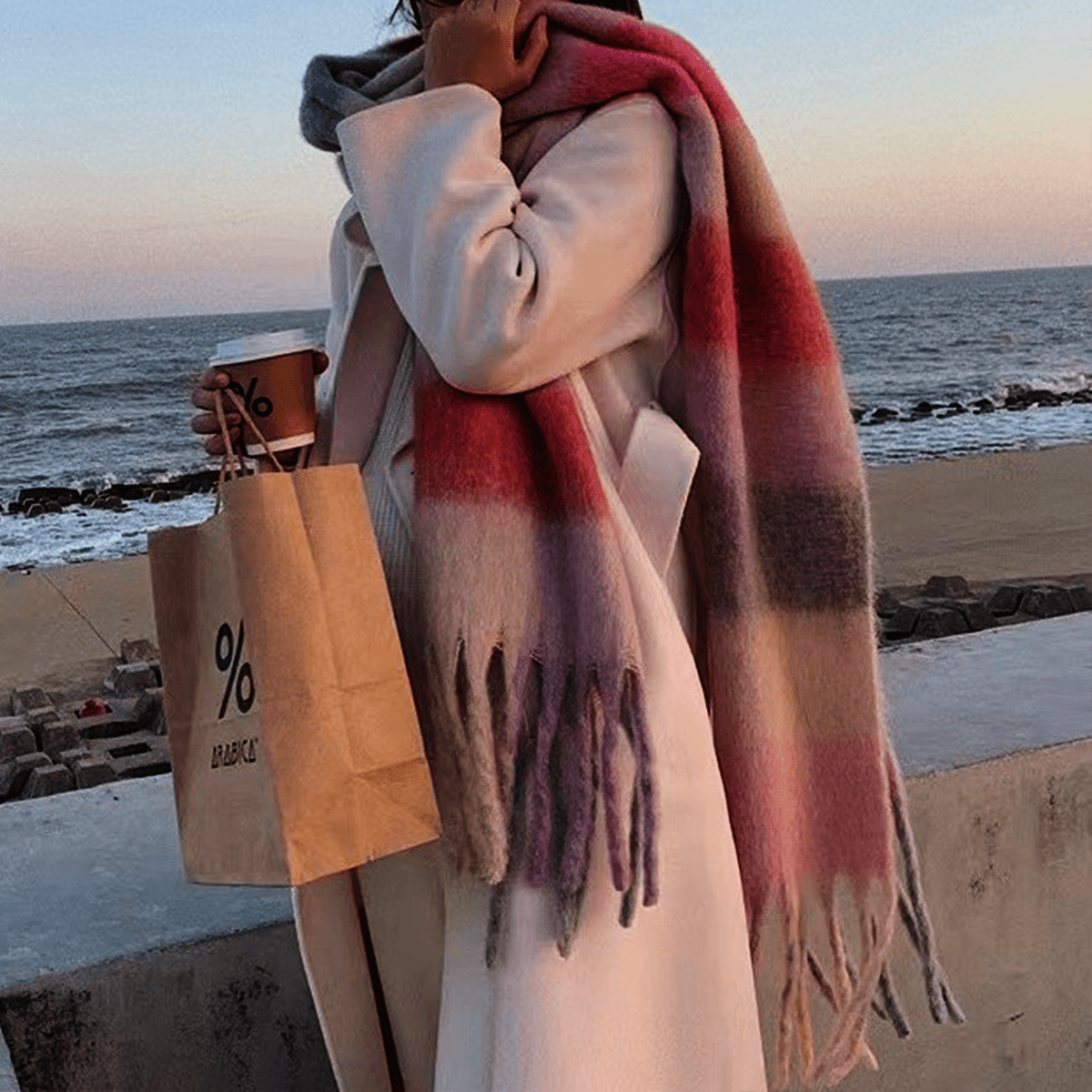 Imitation Cashmere Tassel Rainbow Scarf - Elevated Agenda Imitation Cashmere Tassel Rainbow ScarfImitation Cashmere Tassel Rainbow Scarf Pink and green 220cm