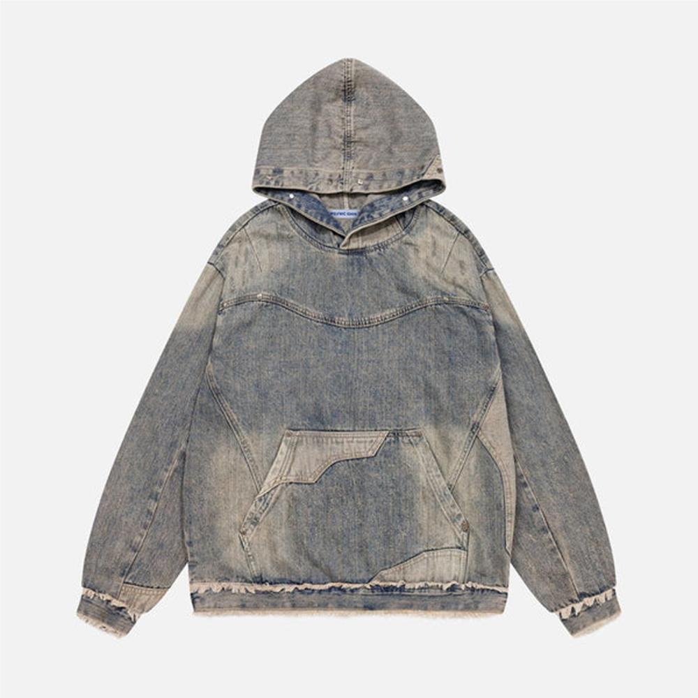 Unisex Washed Distressed Fuzzy Denim Hoodie