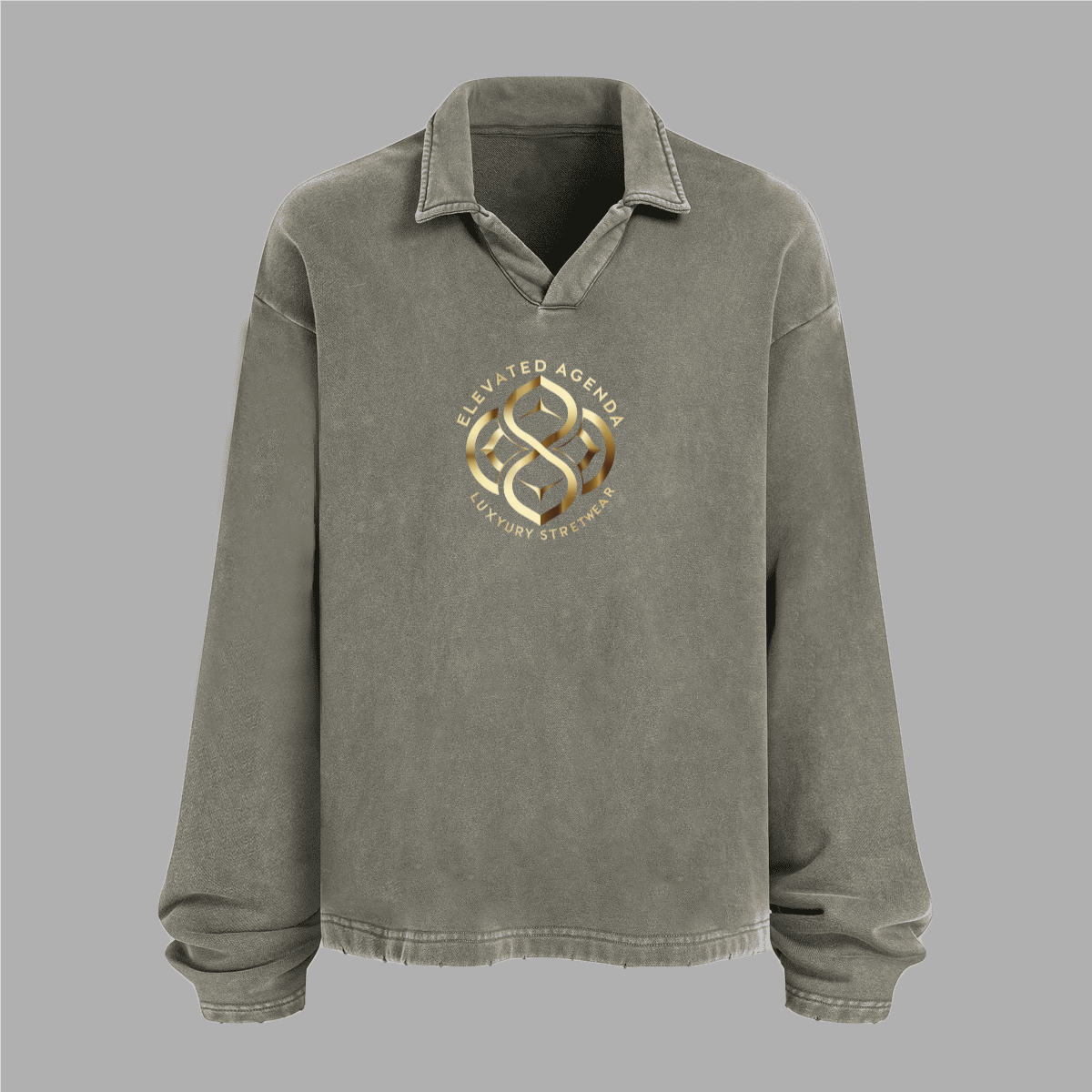 Unisex Washed Distressed French Terry Collared Oversized Long - Sleeve（380GSM） - Elevated AgendaUnisex Washed Distressed French Terry Collared Oversized Long - Sleeve（380GSM）Unisex Washed Distressed French Terry Collared Oversized Long-Sleeve（400GSM） Khaki Green S
