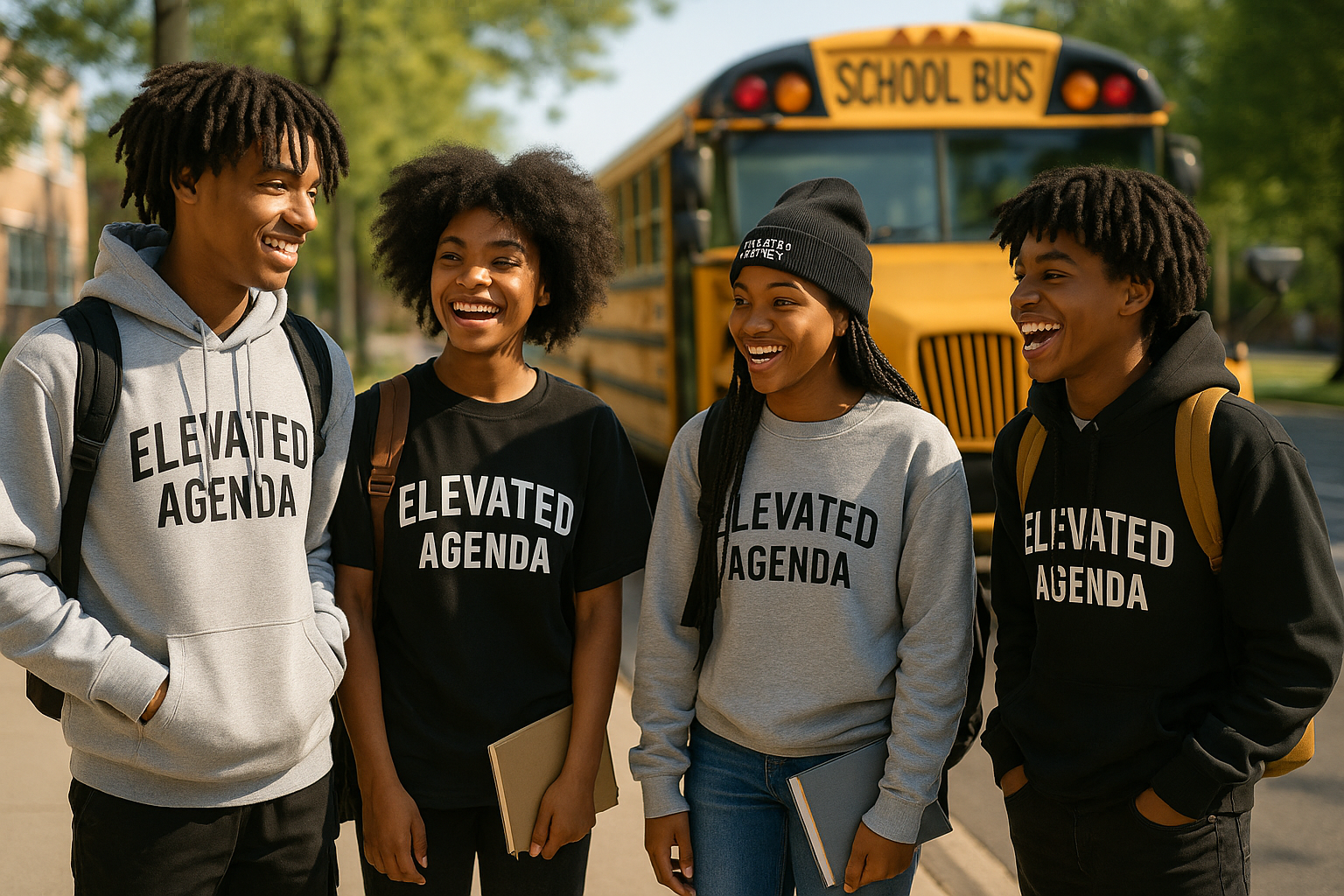 a group of african american teens hanging out waiting for the school bus wearing the elevated agenda brand featured on the shopify store